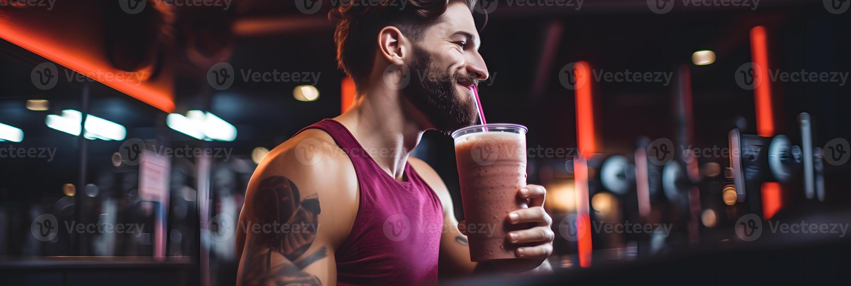 ai generiert stark Mann Trinken Protein Shake foto