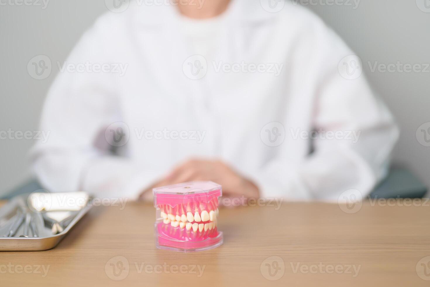 Zahnarzt mit Zahn Anatomie Modell. Oral Zähne und Krankheit, kratzen aus Zahnstein. März Oral Gesundheit, Zahnarzt Tag, falsch Zähne. Zahnschmerzen und Kinder Dental Gesundheit Monat und kieferorthopädisch Gesundheit Tag foto