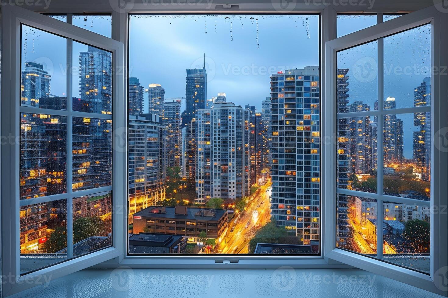 ai generiert Panorama- Fenster zeigen ein Aussicht von ein Nacht Zeit Stadt zündete oben mit Beleuchtung und regnerisch Fachmann Fotografie foto