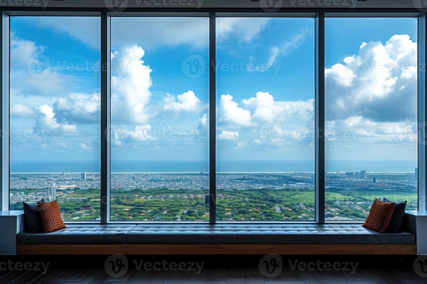 ai generiert Panorama- zeigen von ein Seelandschaft mit Blau Himmel über Sonnenlicht Fachmann Fotografie foto