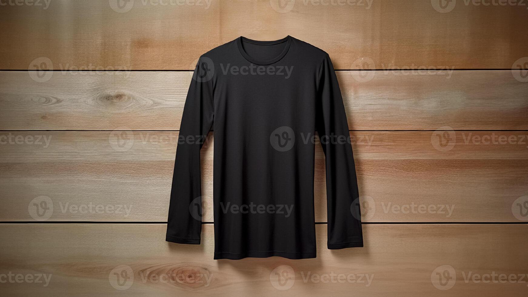 ai generiert schwarz lange Ärmel T-Shirt auf hölzern Hintergrund. Attrappe, Lehrmodell, Simulation. städtisch Mode, anpassbar Design, gemütlich Kompfort, Winter essentiell. foto