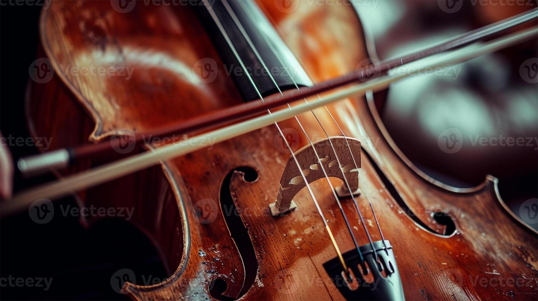 ai generiert Nahansicht von ein Jahrgang Violine und Bogen, Hervorheben das Instrumente Holz Textur und Saiten. foto