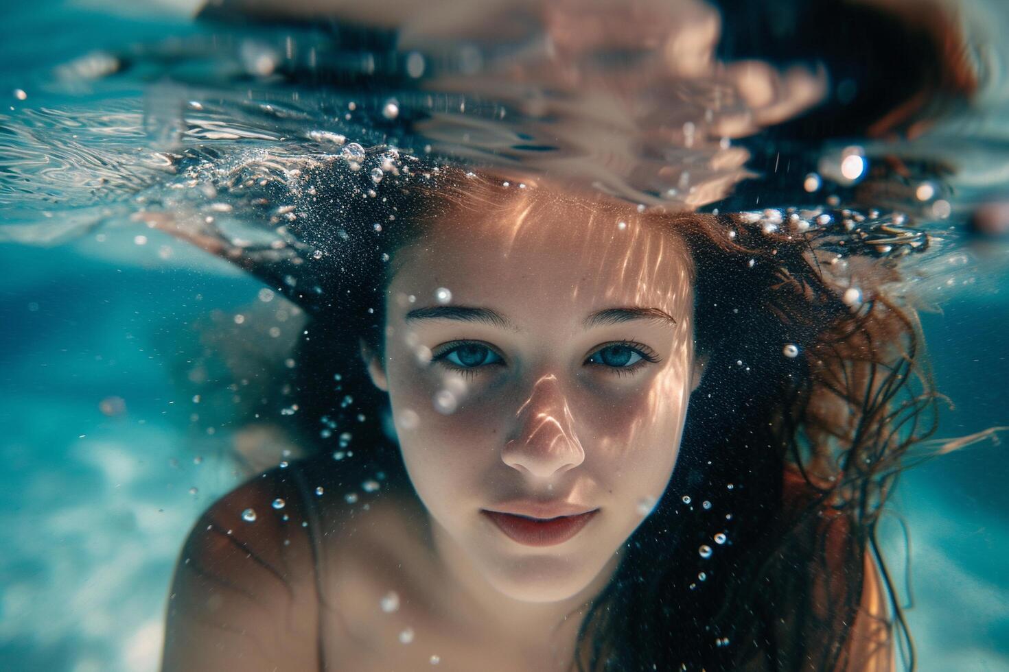 ai generiert unter Wasser Porträt von jung weiblich Schwimmer. foto
