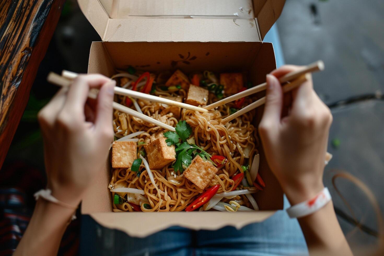 ai generiert Mitnahme Box von gebraten Nudeln und Tofu. foto