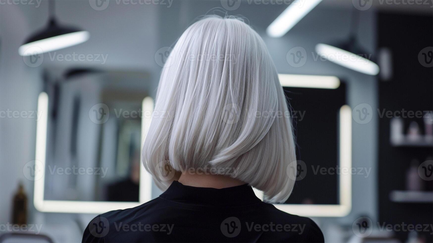 ai generiert Rückseite Aussicht von ein Frau Silber Bob Haarschnitt im ein salon.modern Bob Frisur. foto