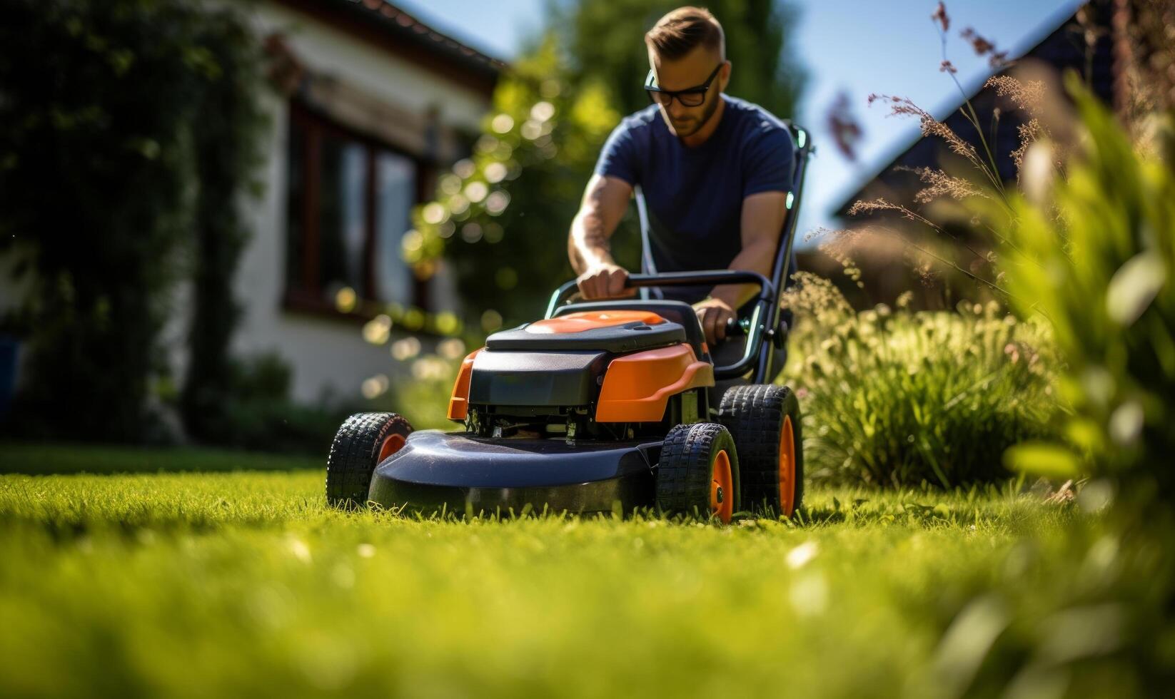 ai generiert Mann Mähen Rasen im Vorderseite Garten mit Rasen Mäher foto