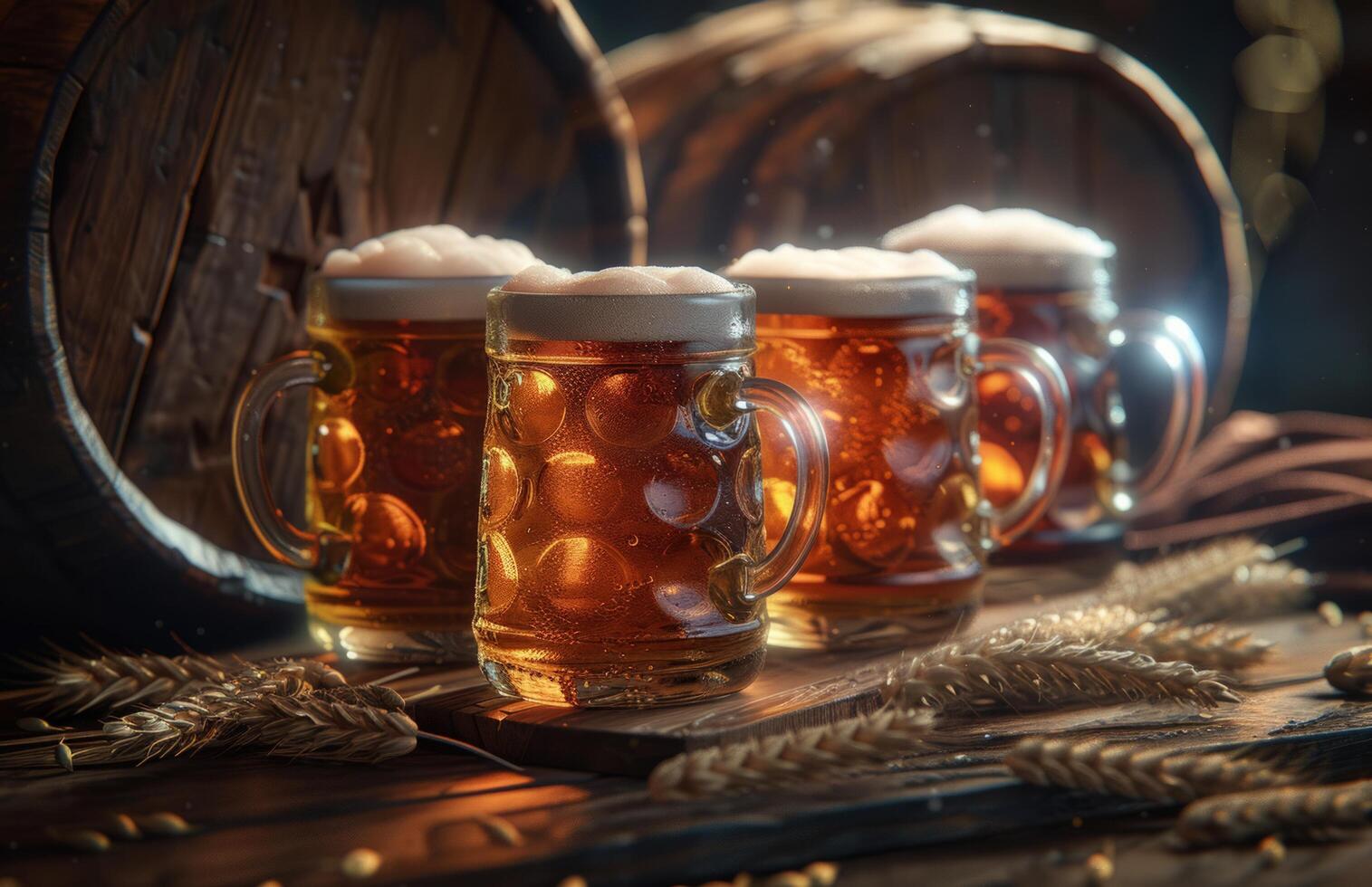 ai generiert ein Serie von Bier Brille und Fässer mit etwas Weizen foto