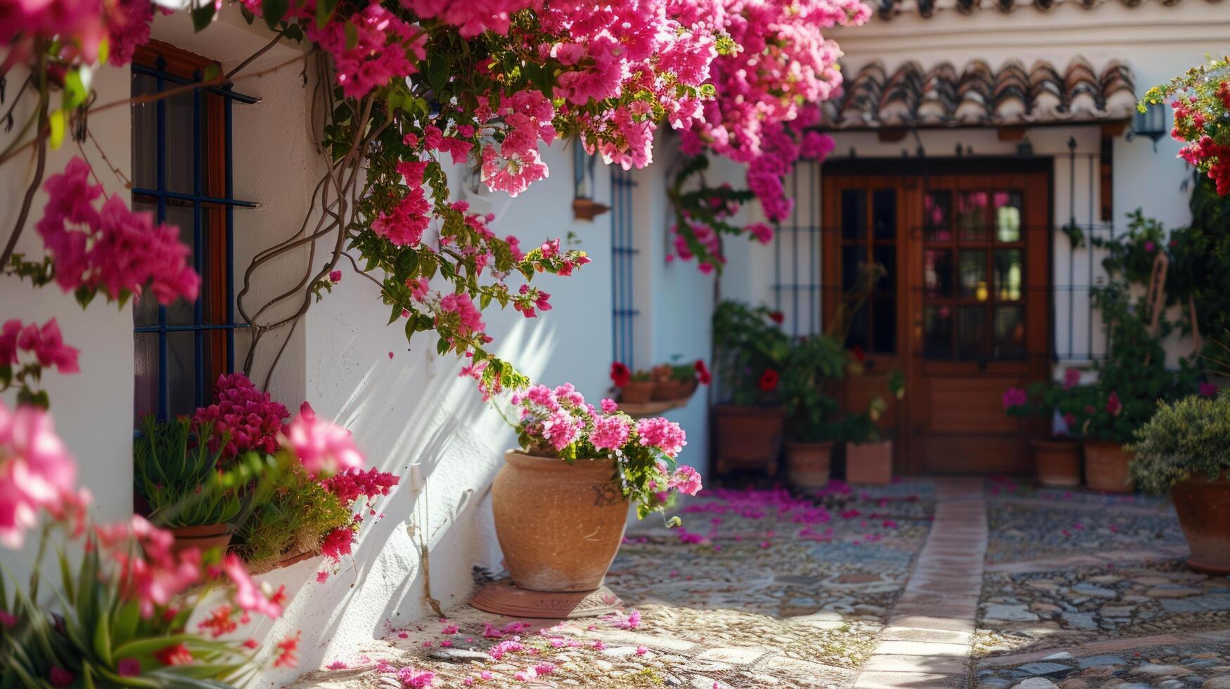 ai generiert Bougainvillea Pflanzen im ein Lehm Topf steht auf das Terrasse von ein klassisch rustikal Spanisch Haus foto