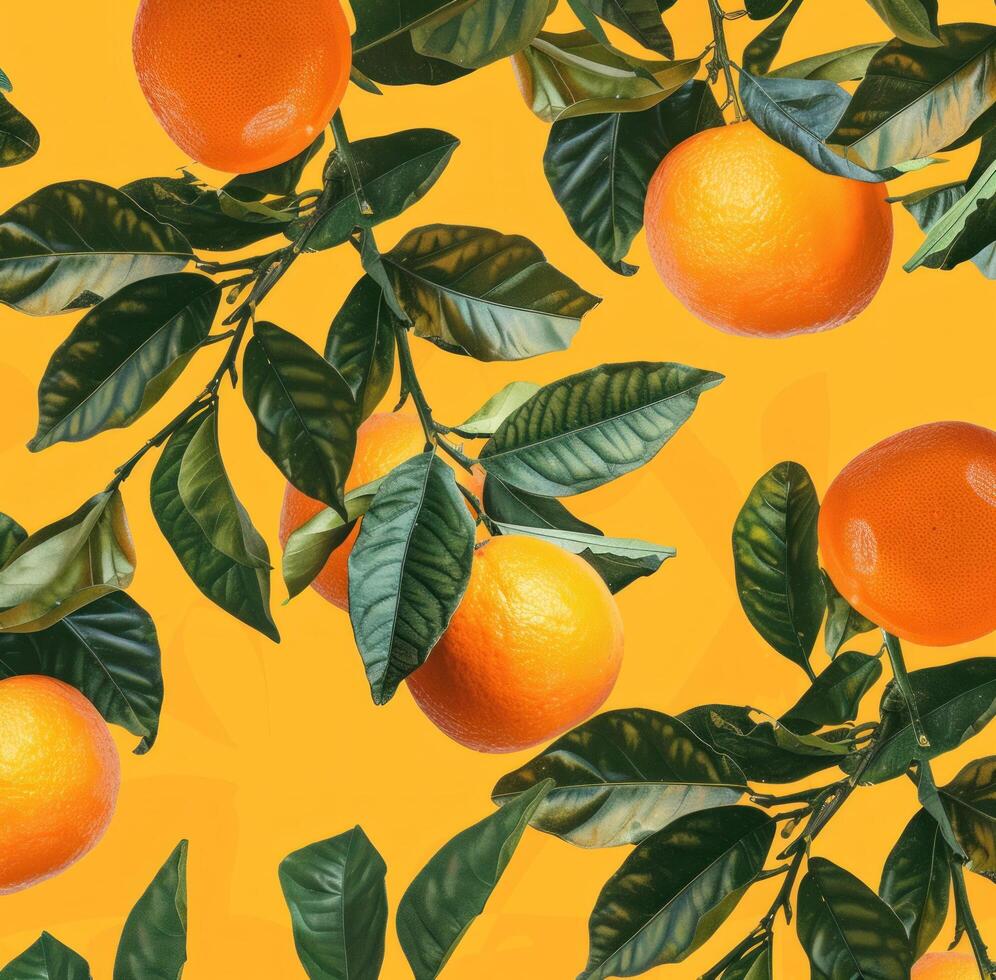 ai generiert Orangen, Orange Blätter, Blätter von Dornen auf Gelb Hintergrund foto