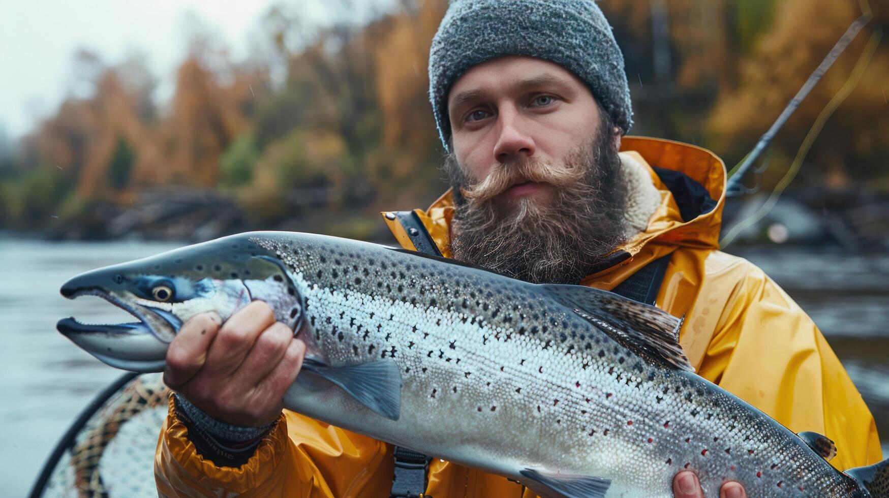 ai generiert Fischer mit frisch Fang im Herbst Fluss foto