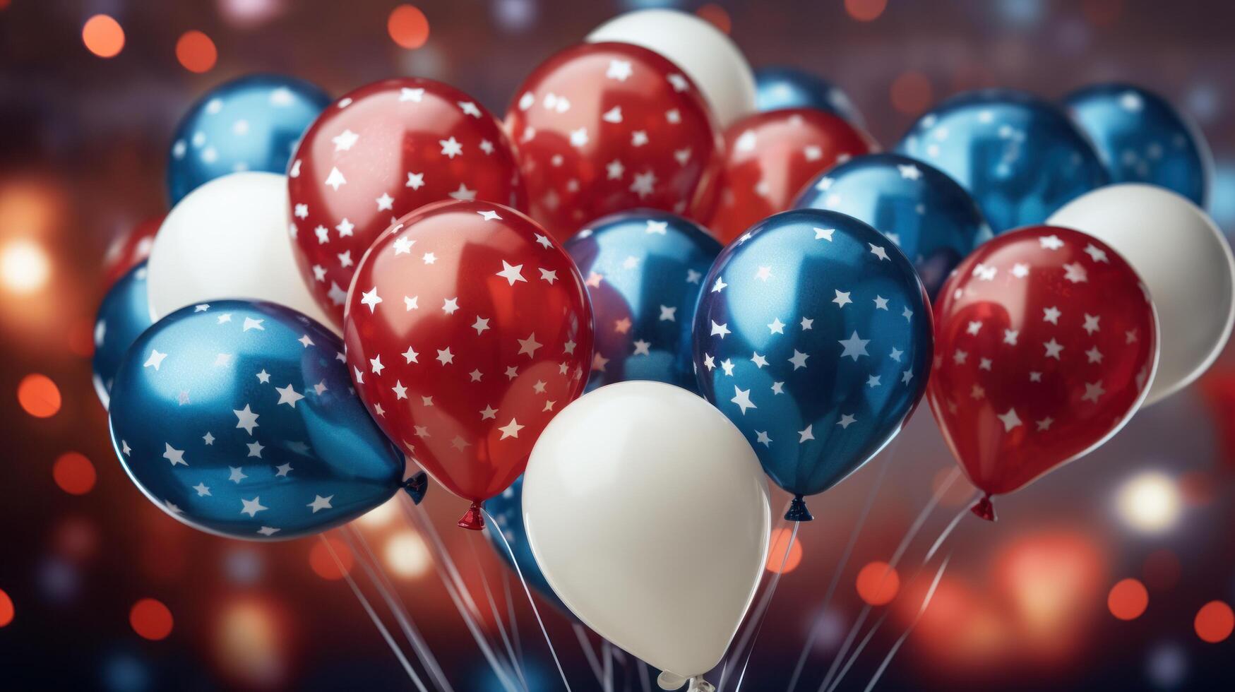 ai generiert ein Gruppe von Rot, Weiss, und Blau Luftballons umgeben durch Sterne foto