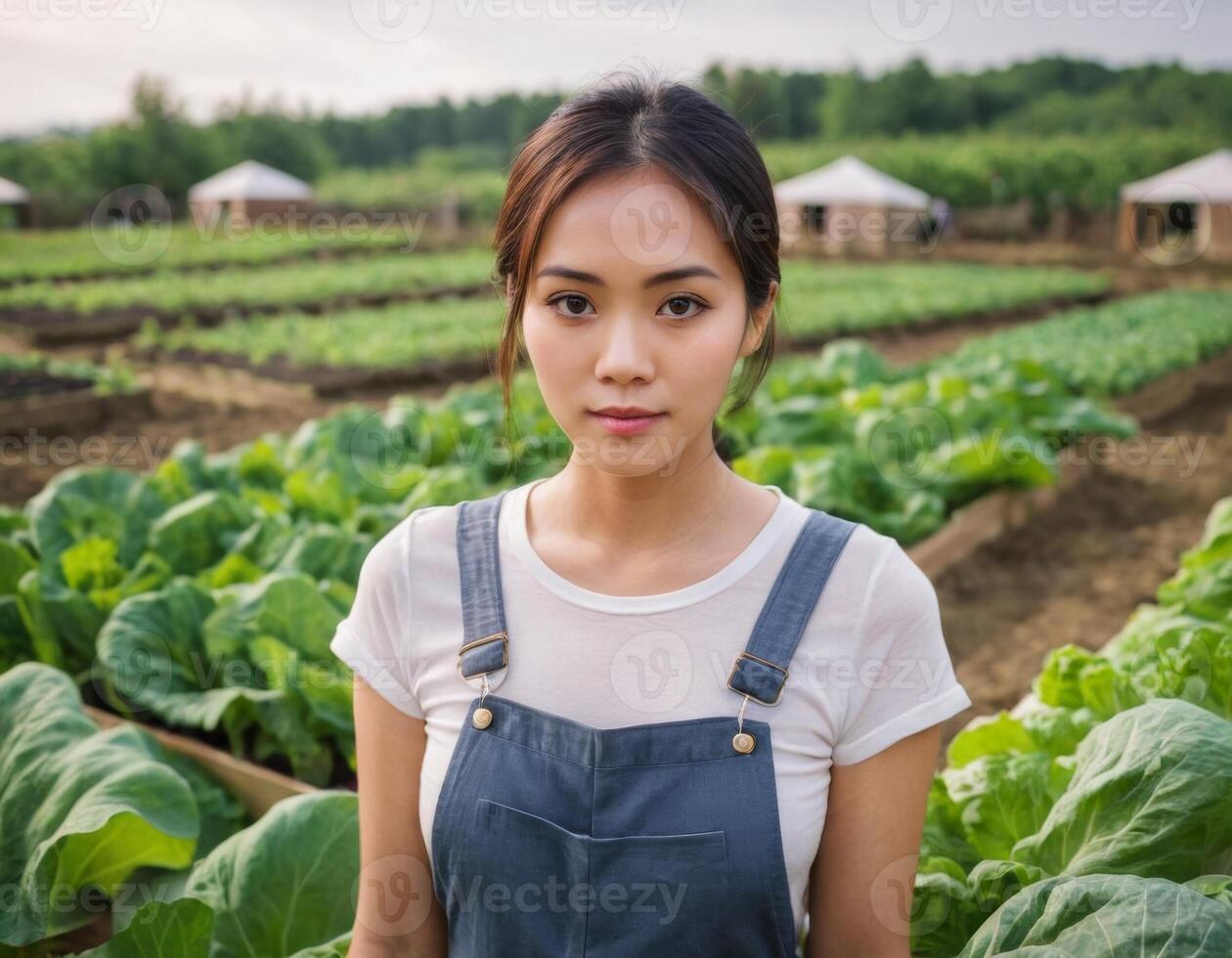 ai generiert Porträt von ein jung Frau mit ein Ernte von Gemüse im das Garten. ai Generation foto