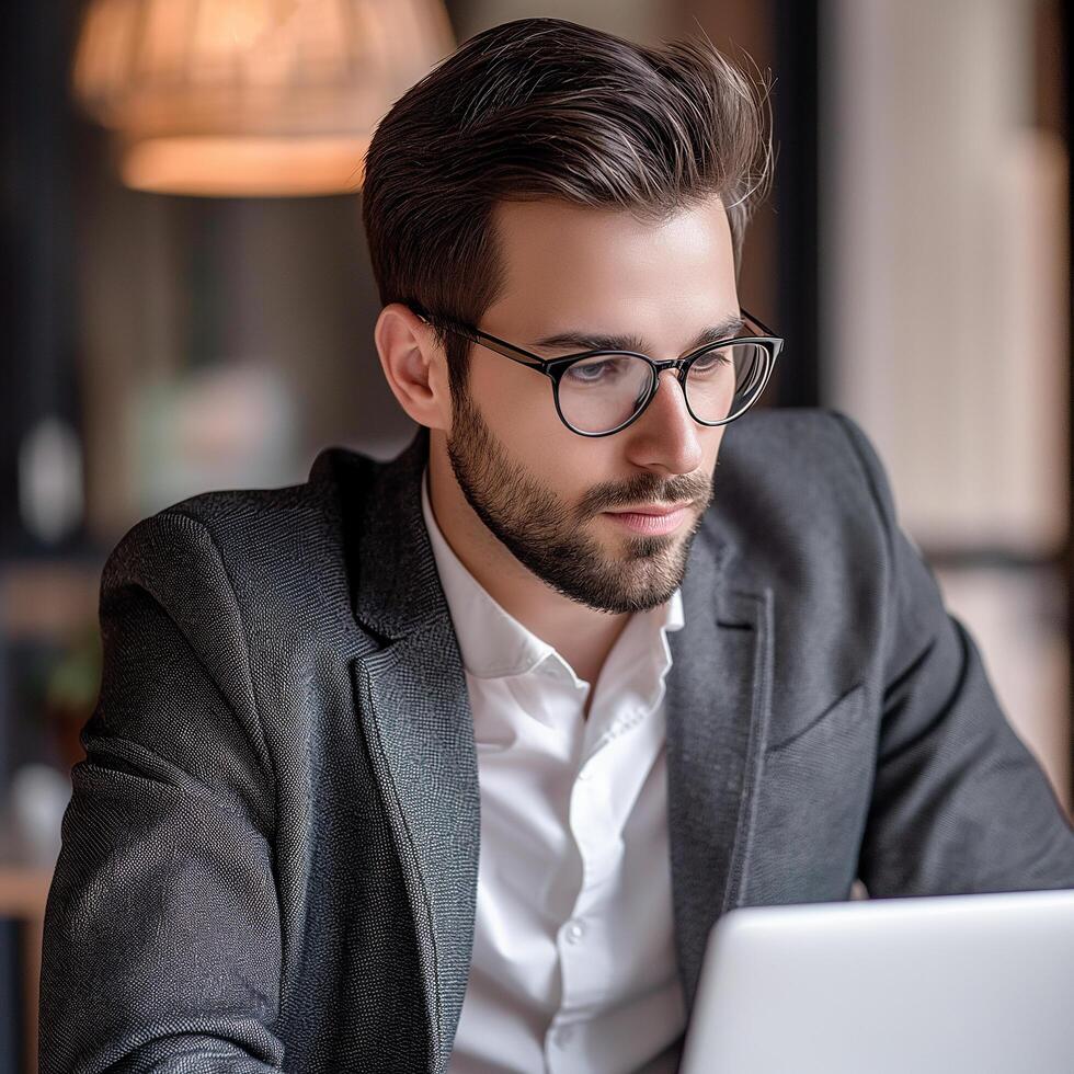 ai generiert jung Geschäftsmann tragen ein passen mit Laptop auf Schreibtisch Arbeiten im Büro. foto