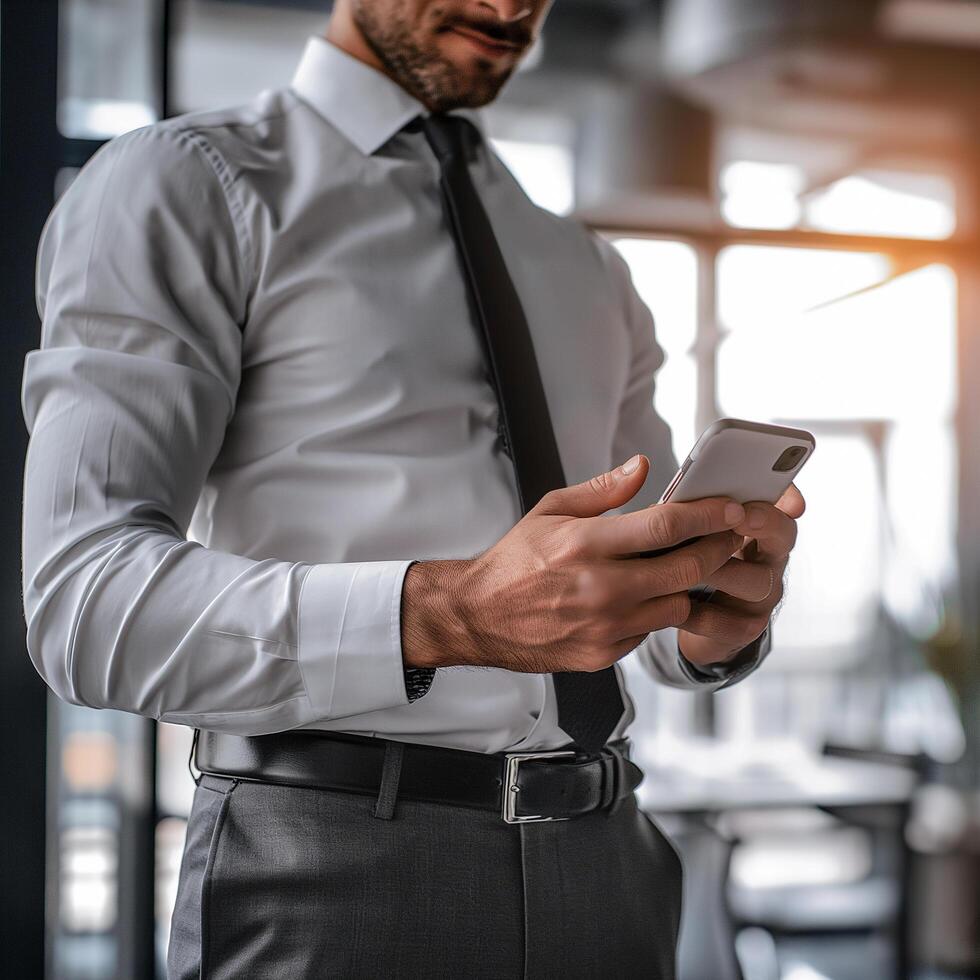 ai generiert jung Geschäftsmann Verwendet ein Smartphone Stehen durch das Fenster, ai erzeugt. foto