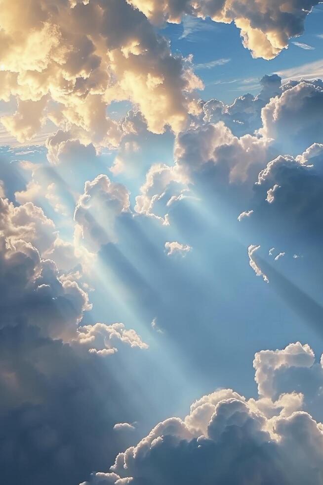 ai generiert filmisch Himmel Symphonie, golden Strahlen Piercing durch ein Blau Himmel, leuchten flauschige Weiß Wolken mit ein berühren von filmisch Beleuchtung Brillanz. foto