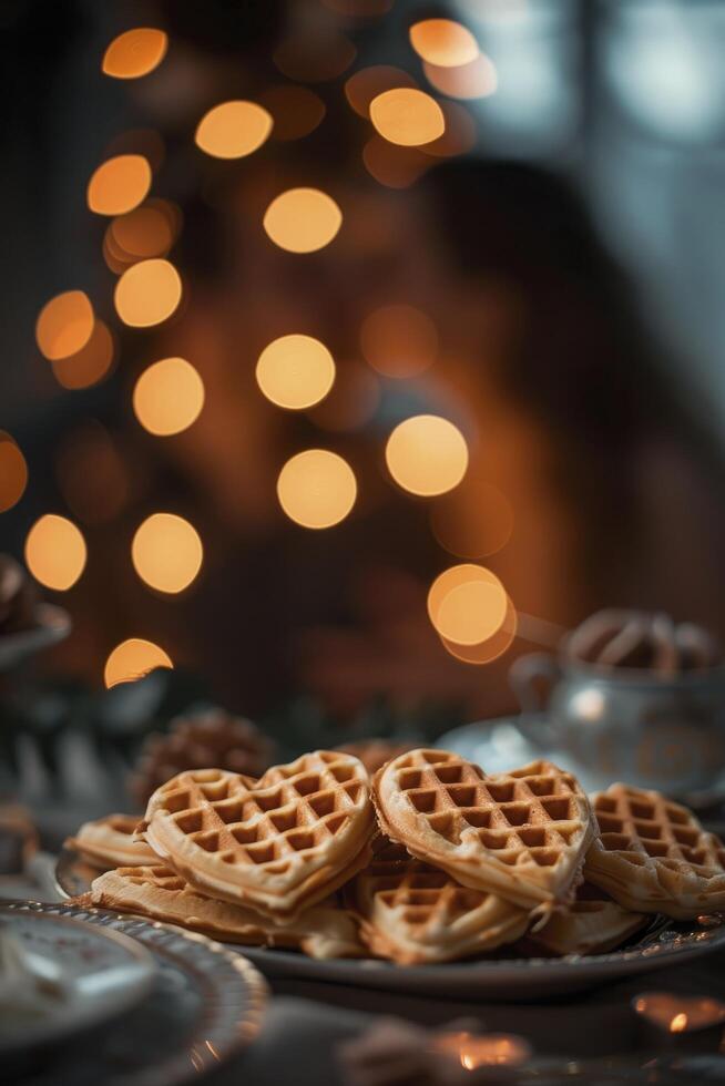 ai generiert romantisch Frühstück, herzförmig Waffeln auf ein Tabelle einstellen zum zwei, ein Paar auf das Rand von ein Kuss. perfekt geschmückt zum Valentinstag Tag. foto