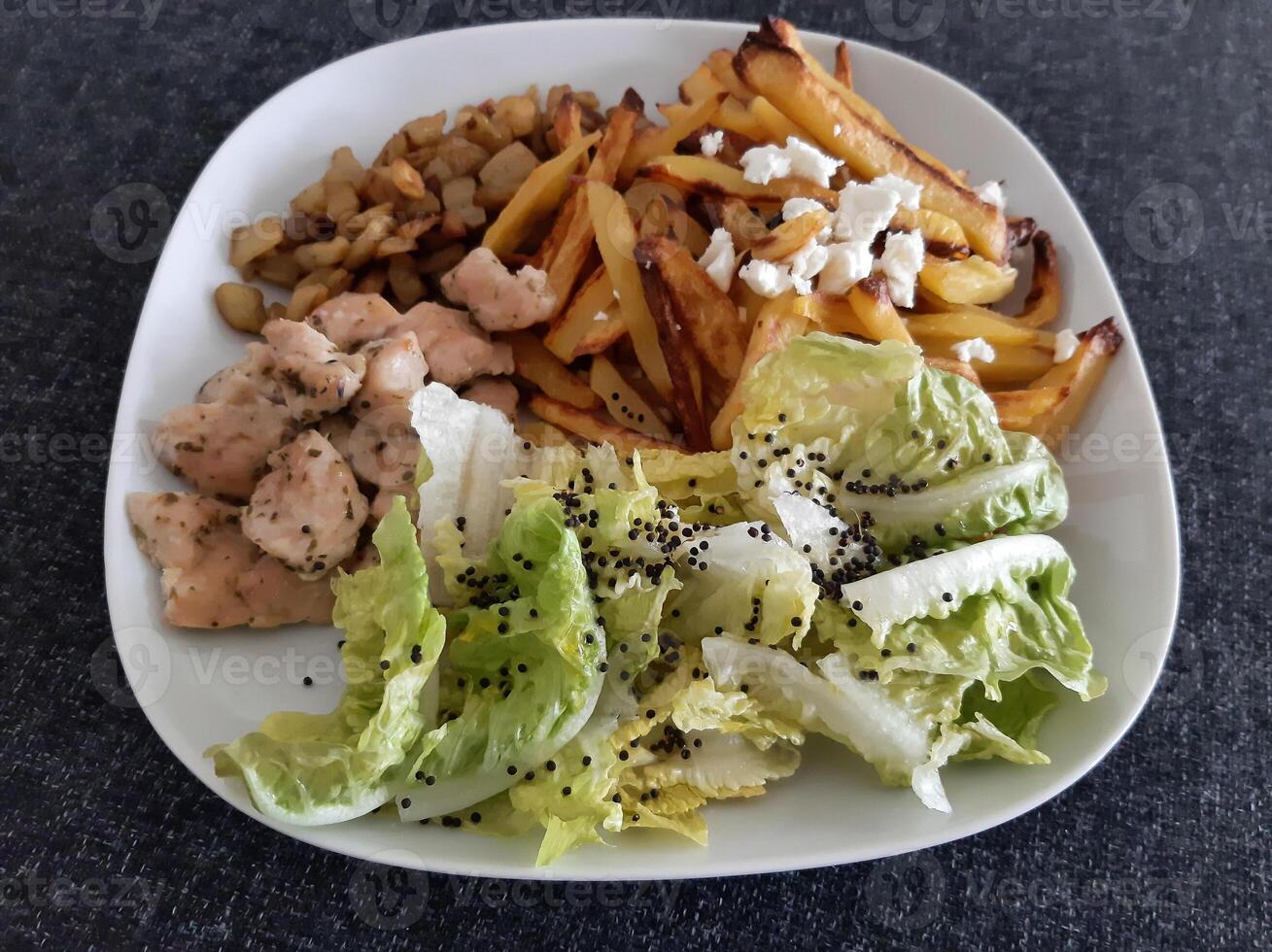 hausgemacht gegrillt Hähnchen mit Französisch Fritten, gegrillt gehackt Aubergine und Grün Salat, serviert auf ein Weiß Teller foto