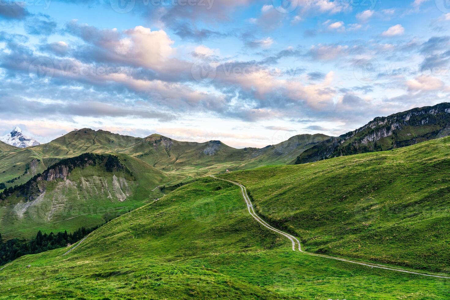 Landschaft von Grün Hügel von schweizerisch Alpen mit Weg Pfad und Blau Himmel beim Schweiz foto