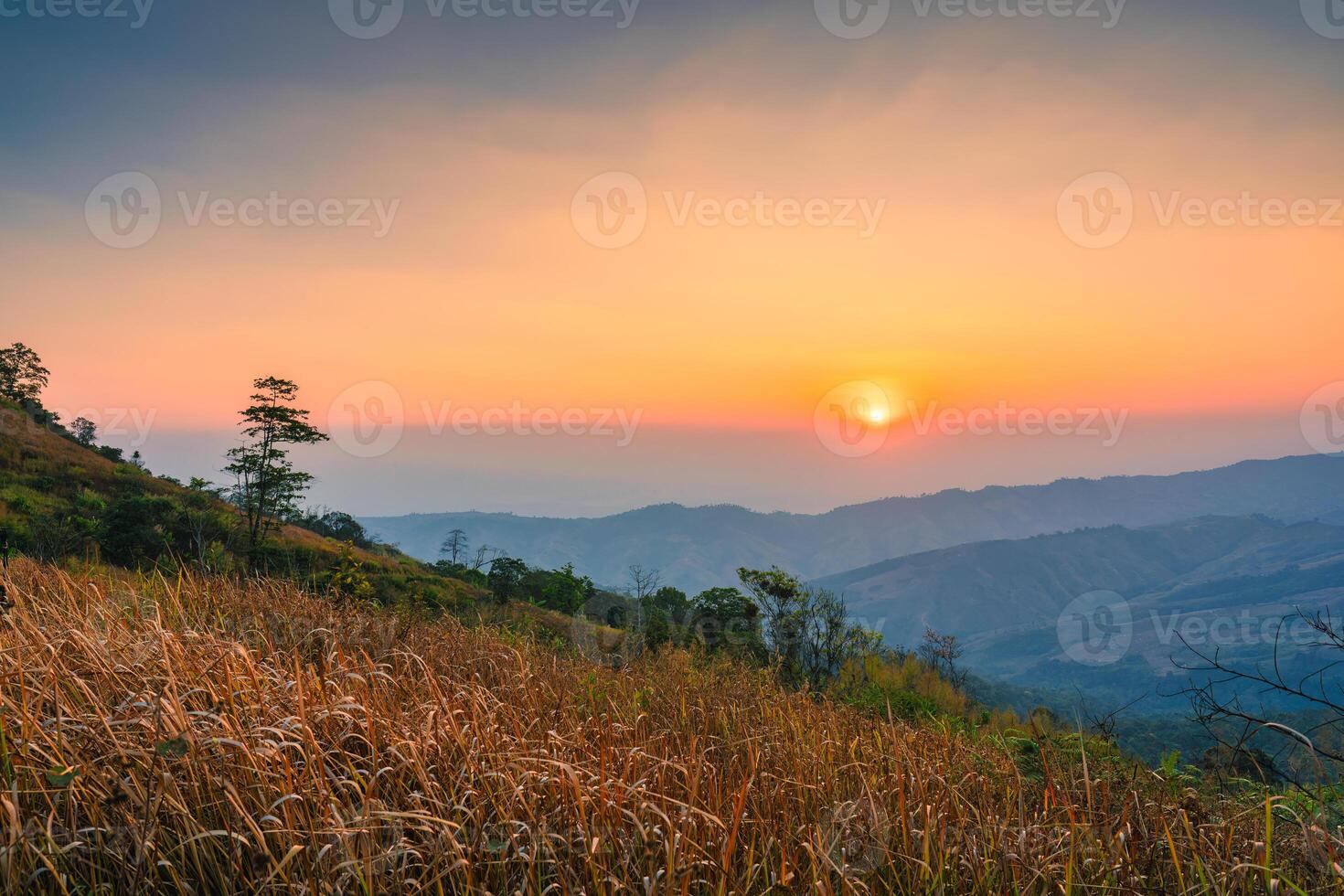 Sonnenaufgang Über Berg im tropisch Regenwald beim phu lom siehe da, phu hin rong kl National Park foto