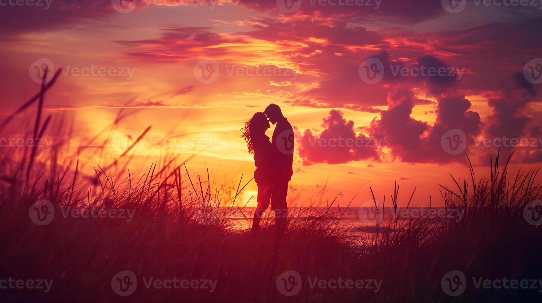 ai generiert Silhouette von ein Paar Umarmen gegen ein bunt Sonnenuntergang, Valentinstag Tag Schwingungen, Hintergrund Bild, generativ ai foto