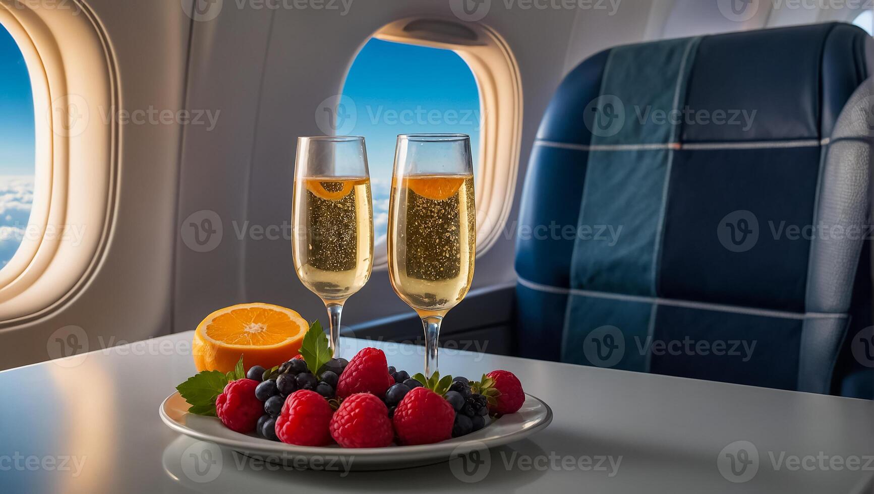 ai generiert Glas von Sekt, Obst auf das Tabelle auf das Flugzeug foto