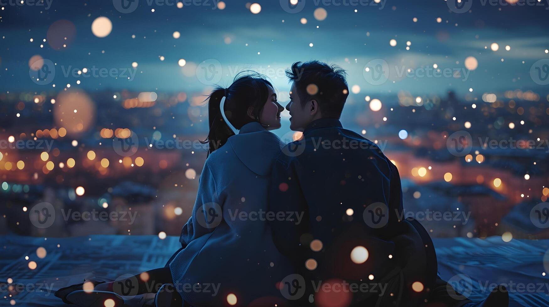 ai generiert Paar genießen ein romantisch Abend auf ein Dach unter das Sterne, Valentinstag Tag Schwingungen, Hintergrund Bild, generativ ai foto