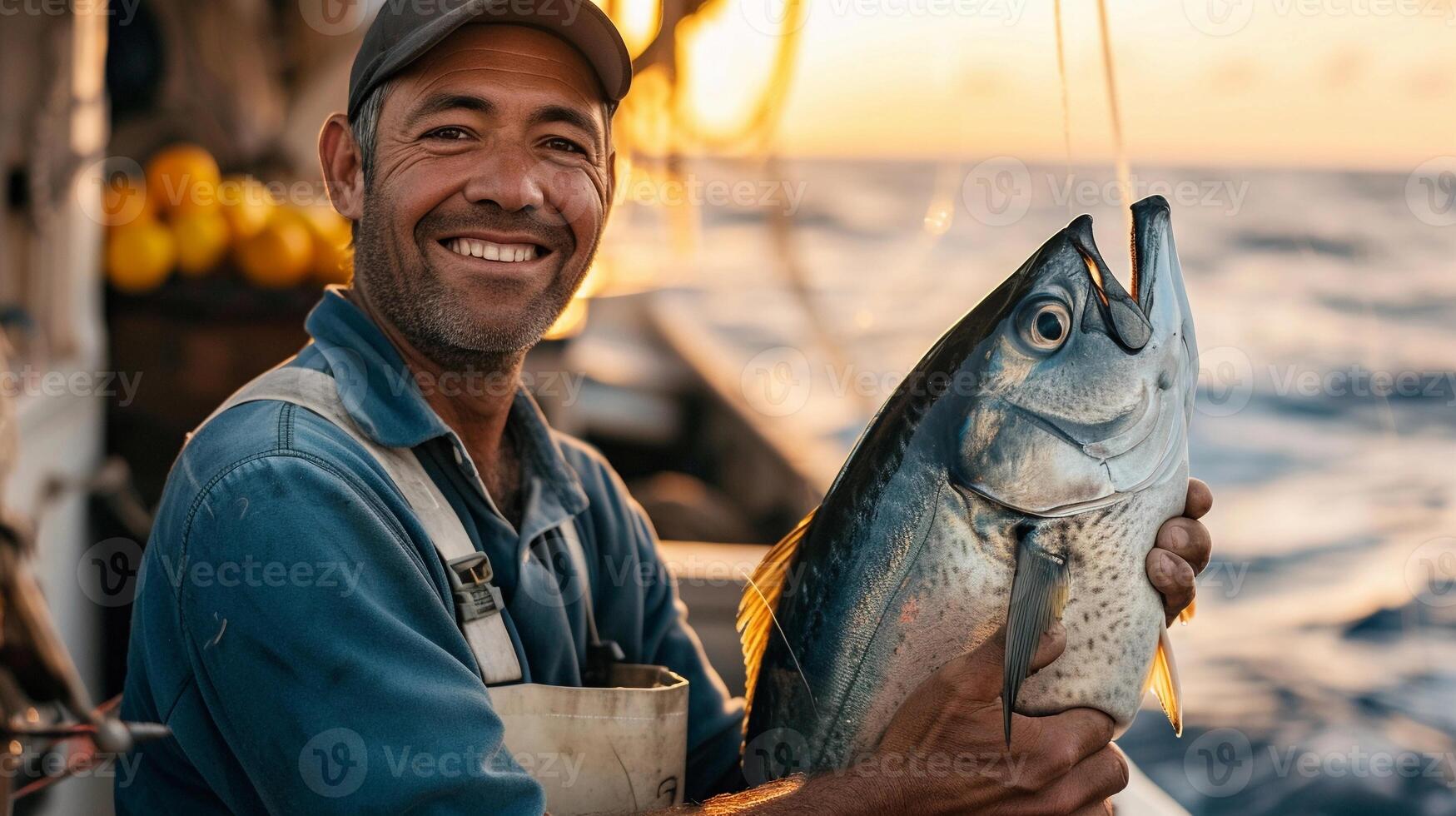 ai generiert Porträt von ein lächelnd Fischer halten ein groß gefangen Fisch auf ein Boot, generativ ai, Hintergrund Bild foto