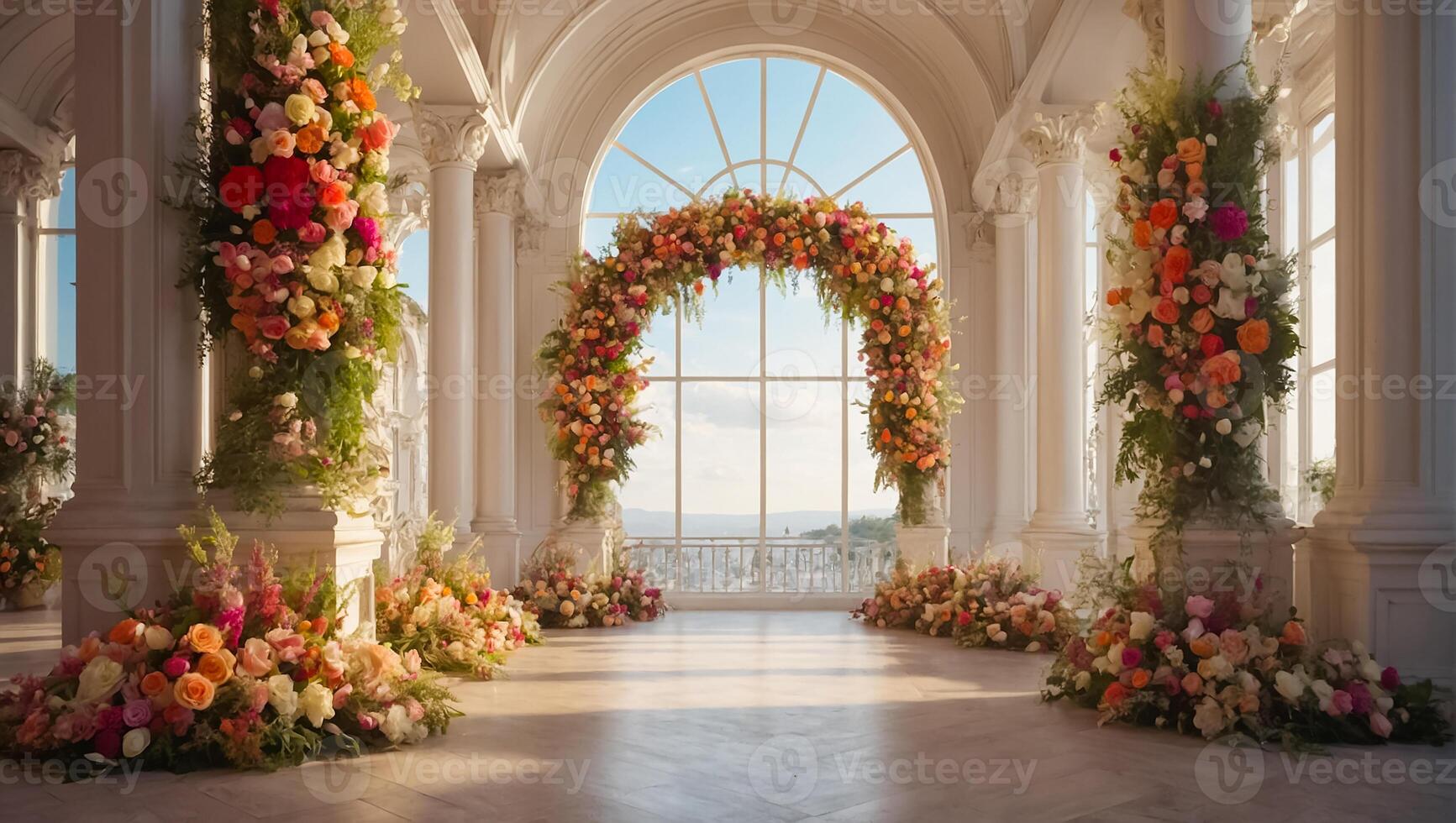 ai generiert schön Bogen mit Blumen im das Hochzeit Halle foto