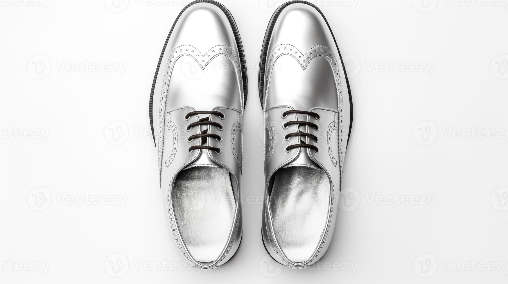 ai generiert Silber Brogues Schuhe isoliert auf Weiß Hintergrund mit Kopieren Raum zum Werbung foto