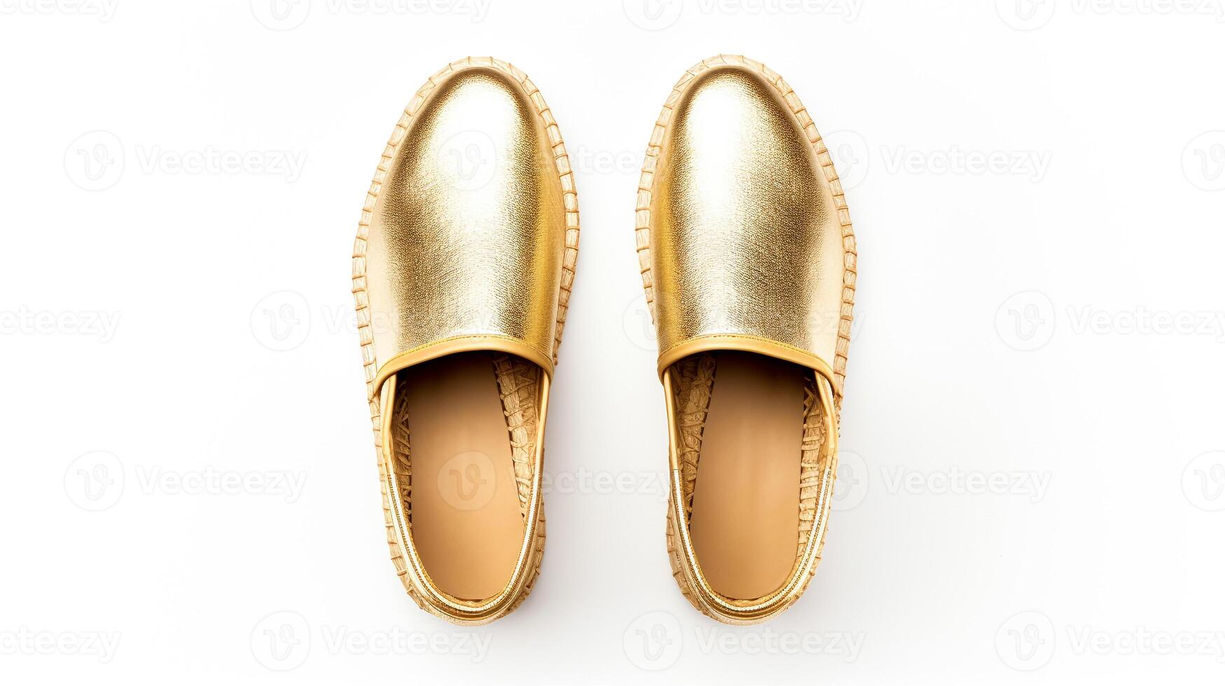 ai generiert Gold Espadrilles Schuhe isoliert auf Weiß Hintergrund mit Kopieren Raum zum Werbung. generativ ai foto