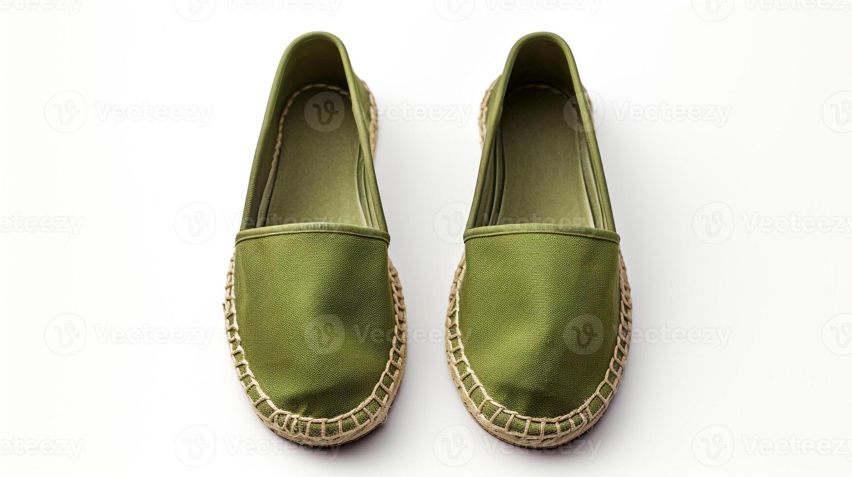 ai generiert Olive Espadrilles Schuhe isoliert auf Weiß Hintergrund mit Kopieren Raum zum Werbung. generativ ai foto