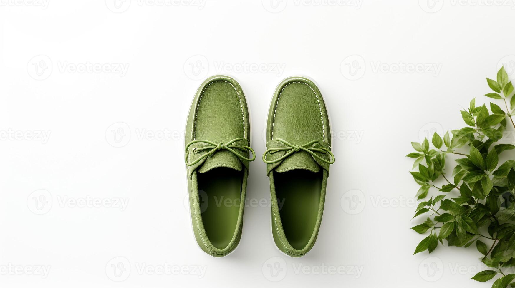 ai generiert Olive Mokassins Schuhe isoliert auf Weiß Hintergrund mit Kopieren Raum zum Werbung. generativ ai foto