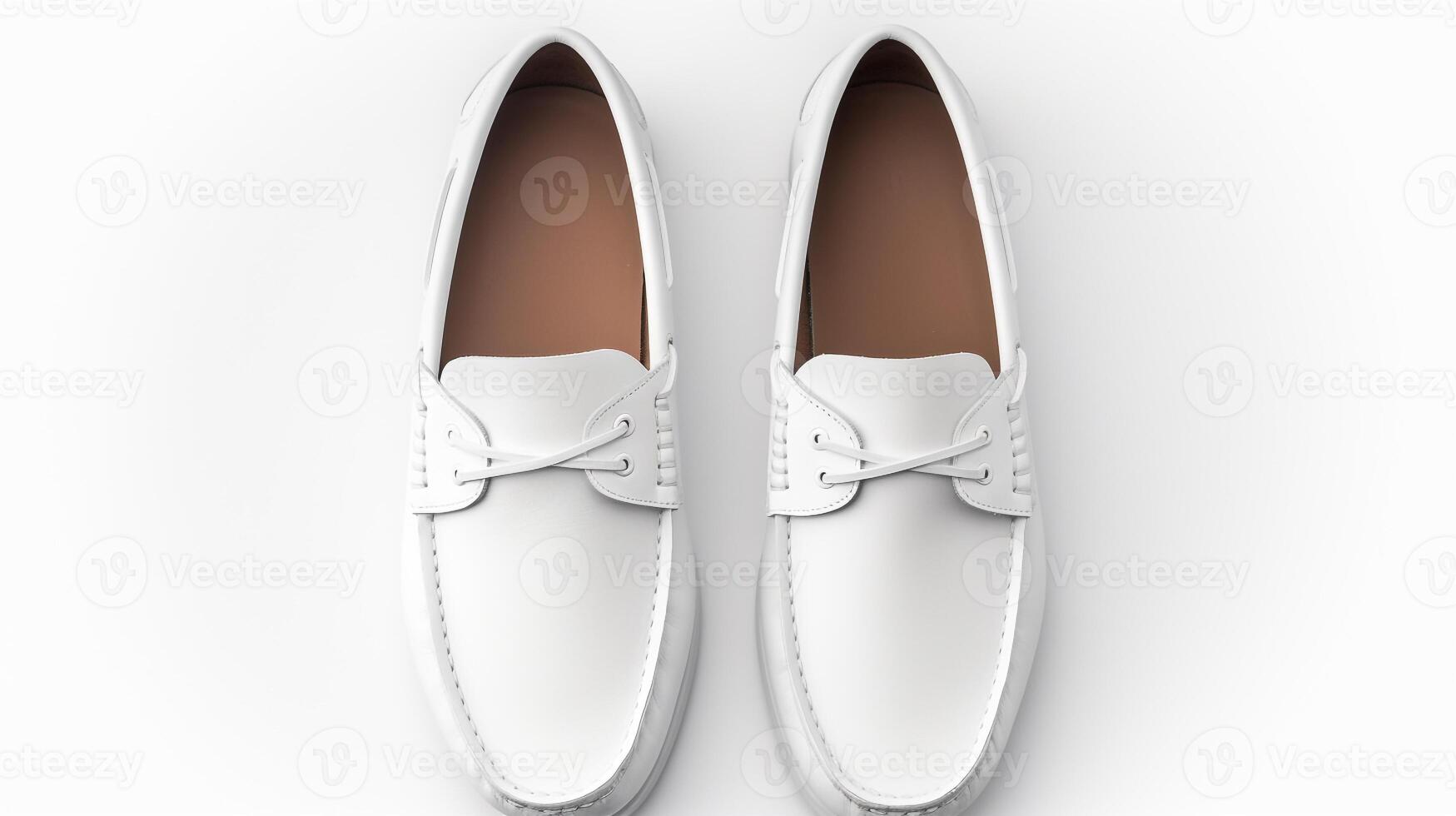 ai generiert Weiß Mokassins Schuhe isoliert auf Weiß Hintergrund mit Kopieren Raum zum Werbung. generativ ai foto