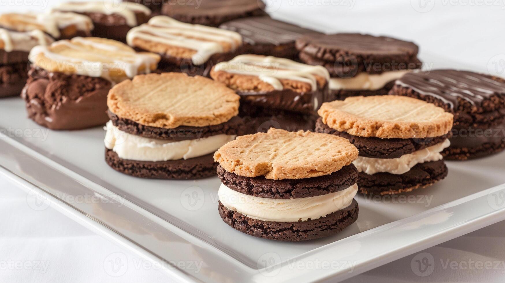 ai generiert Eis Sahne Sandwich Himmel, Sortiment von hausgemacht Eis Sahne Sandwiches mit Sanft Kekse oder Brownies Sandwiches cremig Eis Creme, generativ ai foto