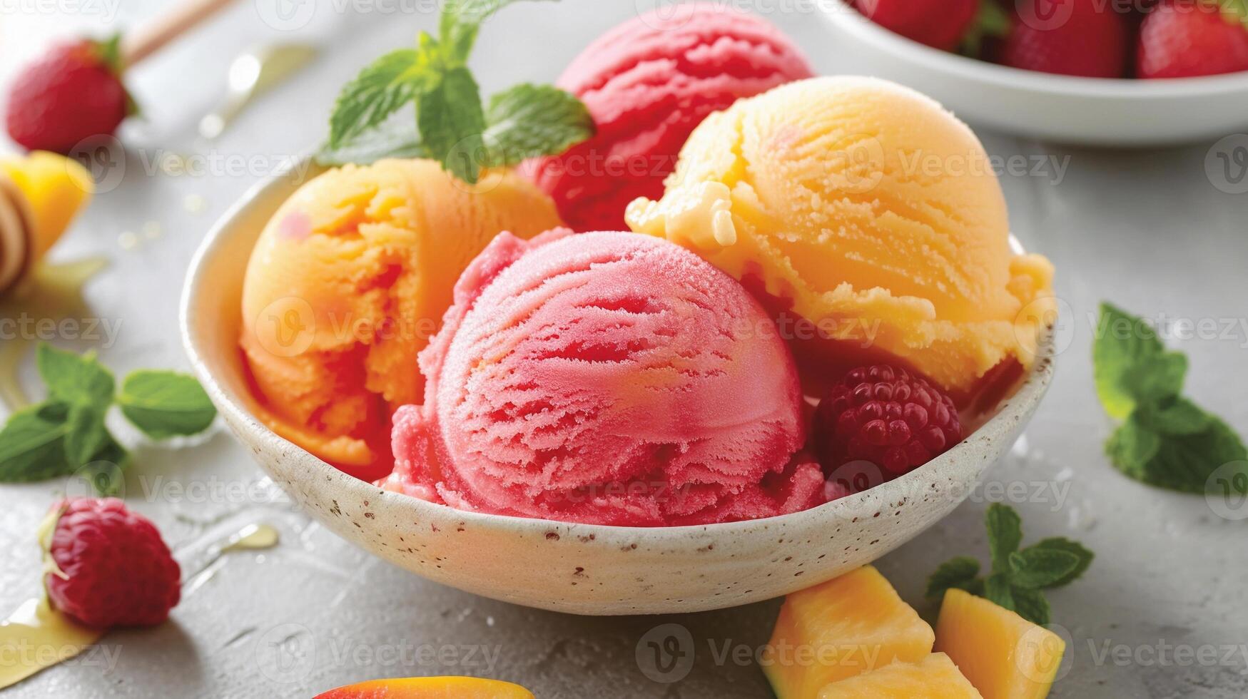 ai generiert frisch und fruchtig, ein Schüssel von beschwingt Sorbet gemacht mit echt Obst Brocken, generativ ai foto