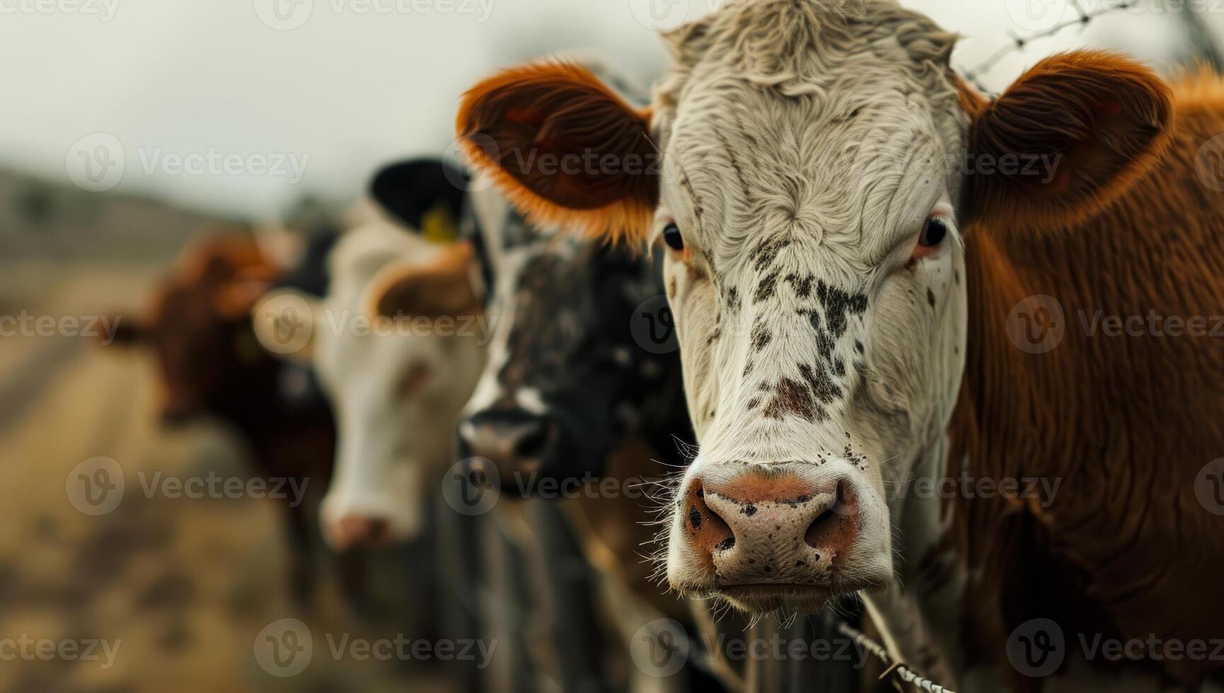 ai generiert Kühe gefüttert oben beim Zaun auf bedeckt Tag foto