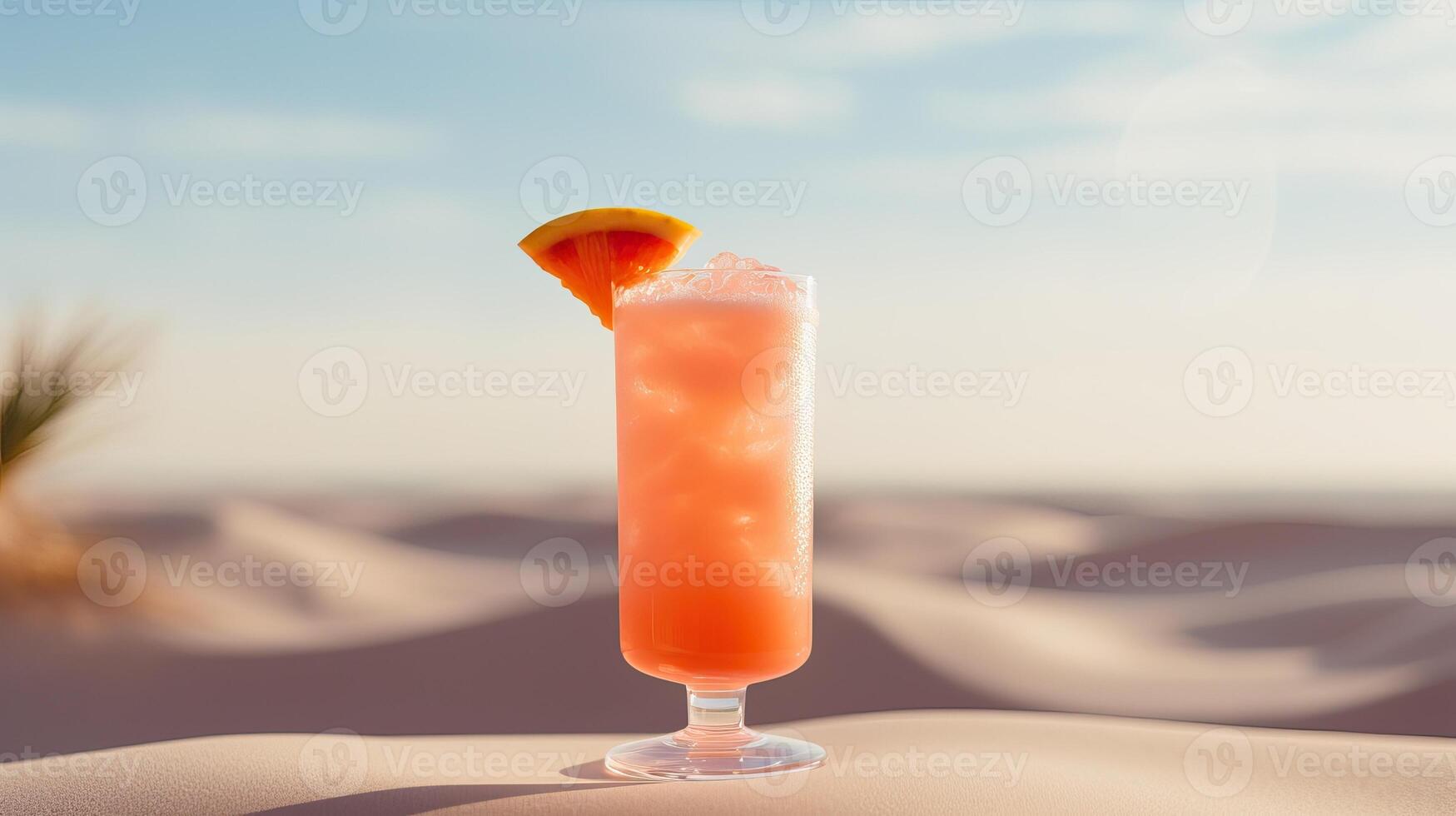ai generiert alkoholisch Cocktail mit Orange auf das Sand Dünen im das Wüste foto