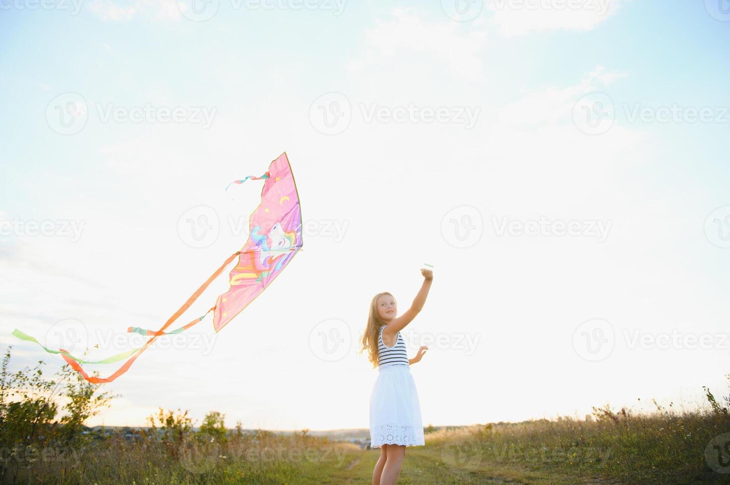 wenig süß 7 Jahre alt Mädchen Laufen im das Feld mit Drachen auf Sommer- Tag foto