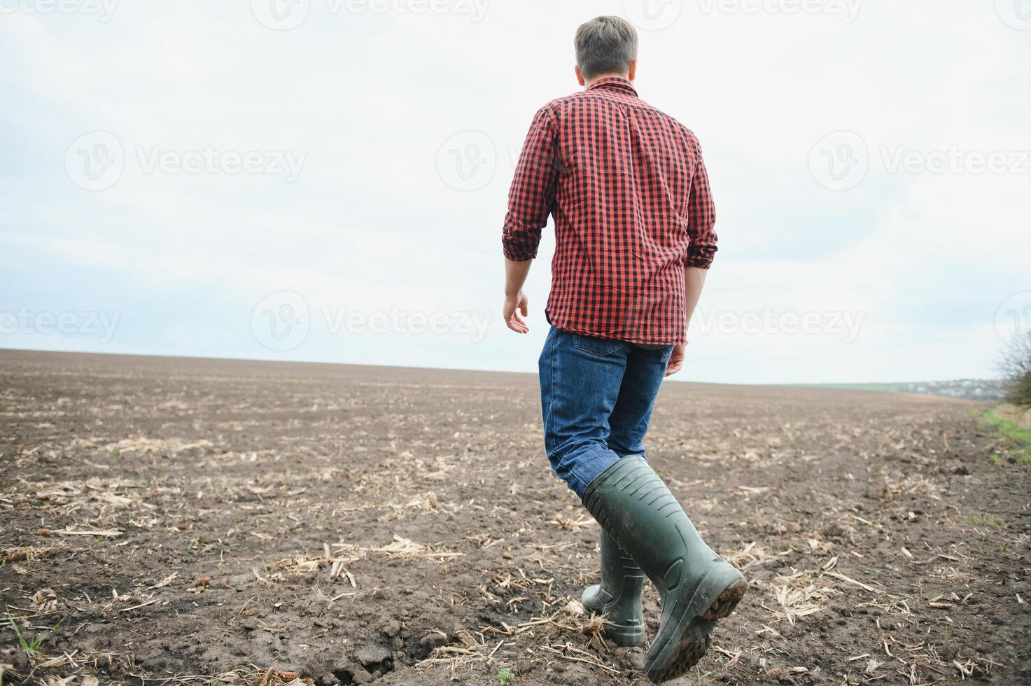 ein Farmer im Stiefel funktioniert mit seine Tablette im ein Feld gesät im Frühling. ein Agronom Spaziergänge das Erde, beurteilen ein gepflügt Feld im Herbst. Landwirtschaft. Clever Landwirtschaft Technologien foto