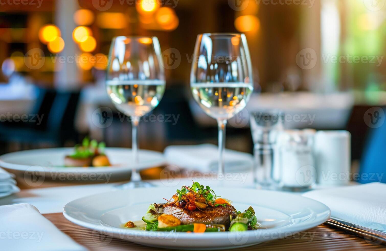 ai generiert Abendessen im teuer gehoben Restaurant mit exquisit Essen und Brille von Französisch Wein foto