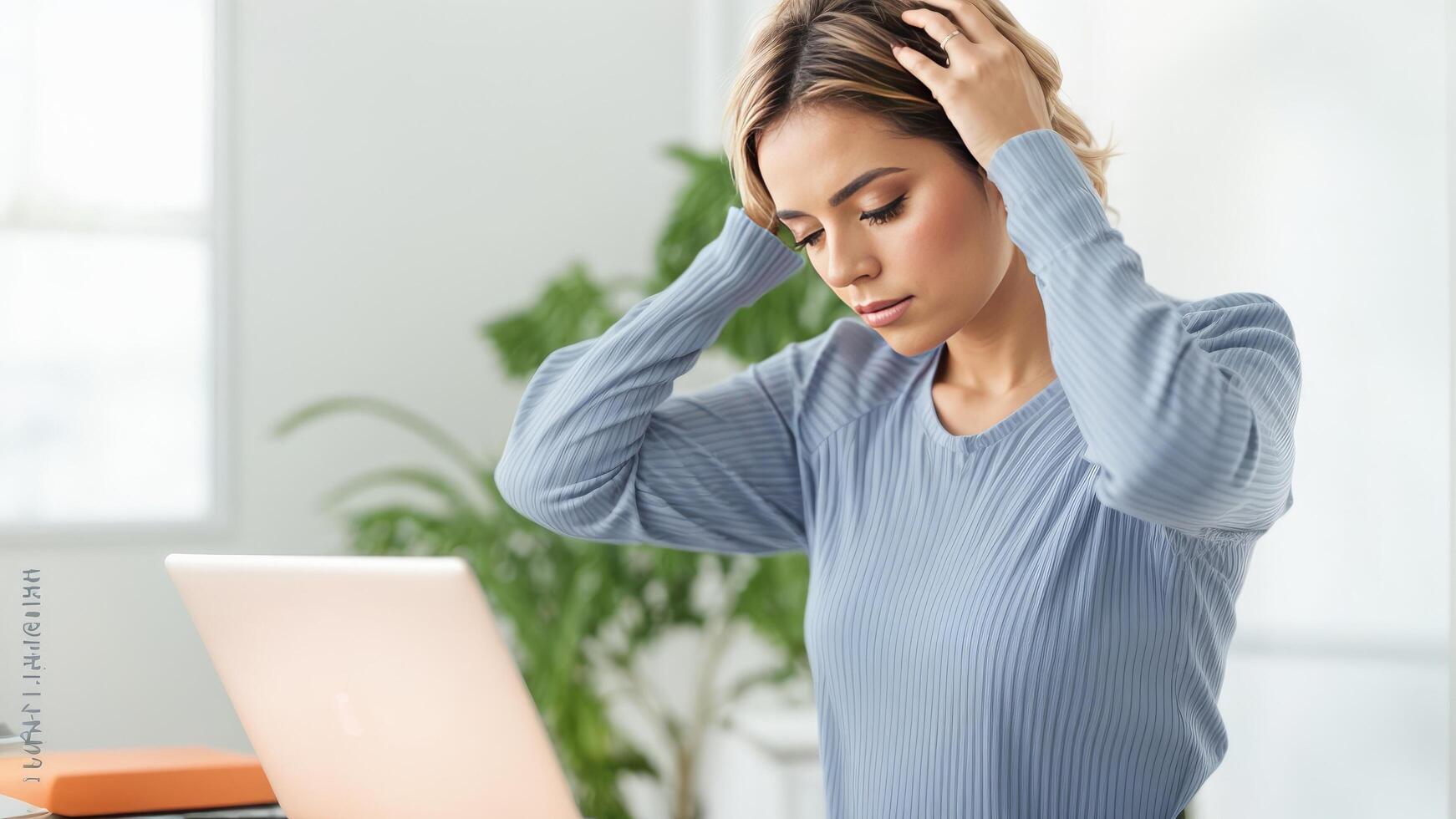 ai generiert ein Frau ist Sitzung beim ihr Schreibtisch mit ihr Kopf im ihr Hände foto