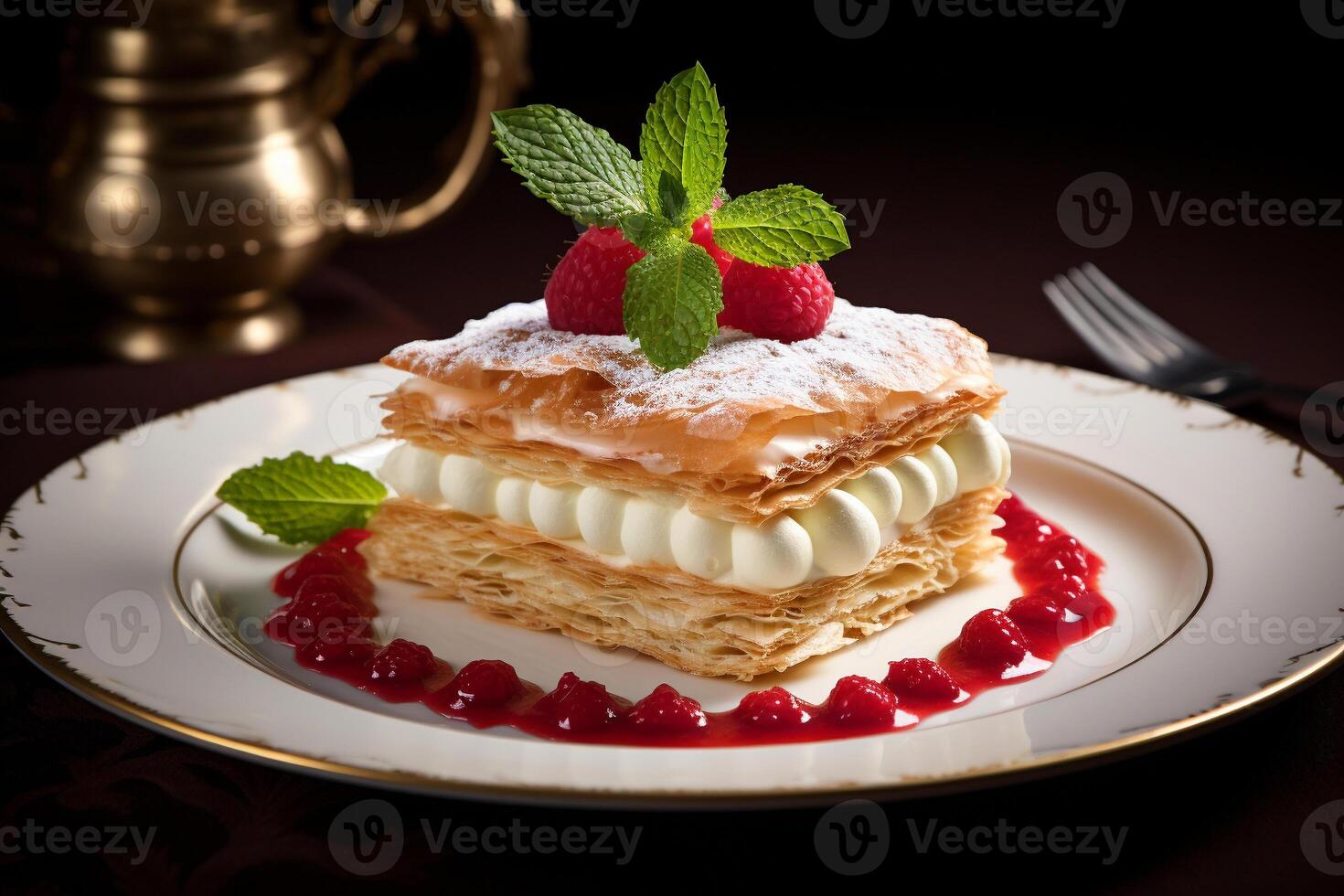 ai generiert Napoleon Kuchen auf ein dunkel Beton Hintergrund. Essen Fotografie Restaurant geschichtet Freude köstlich gebacken lecker hausgemacht Dessert foto