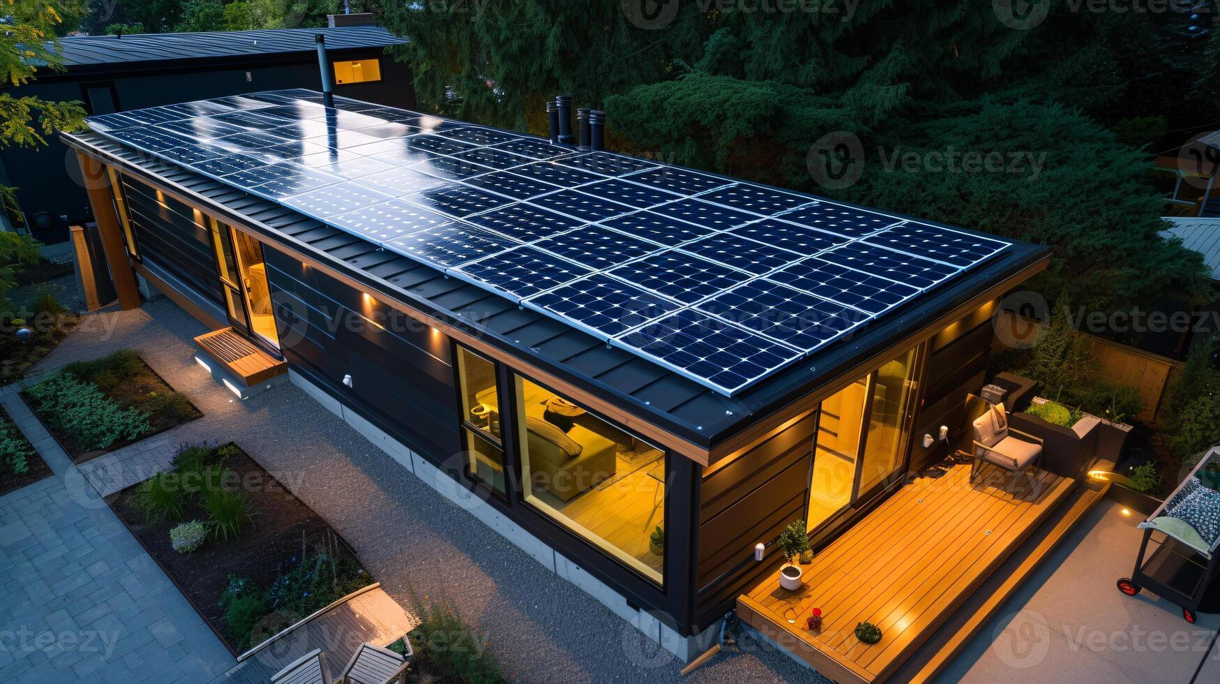 ai generiert Solar- Paneele auf ein modern winzig Haus Dach oben zum ein nachhaltig Zukunft foto