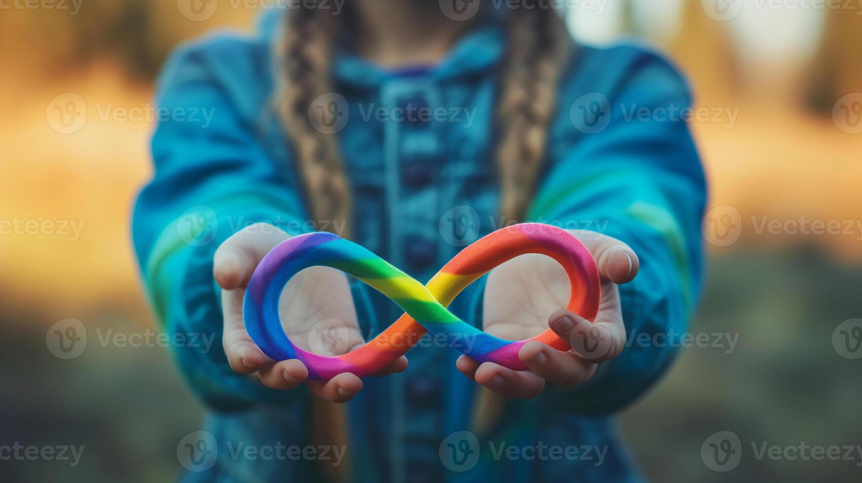 ai generiert Mädchen ist halten Regenbogen Unendlichkeit Symbol. Neurodiversität Bewusstsein Konzept. foto
