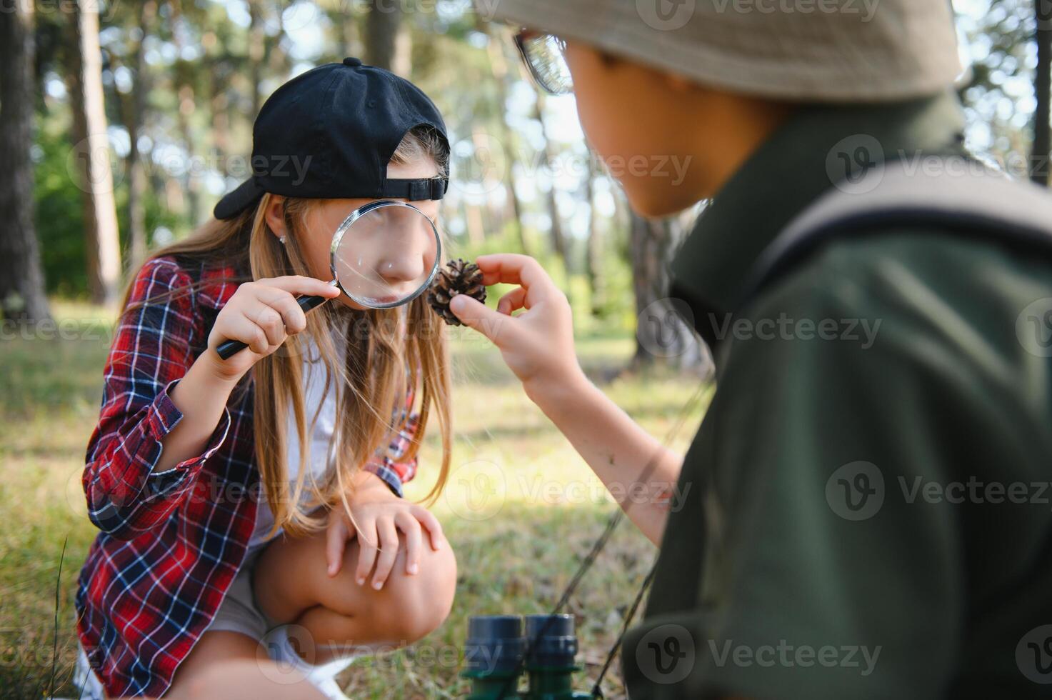 Kinder Pfadfinder im das Wald. foto