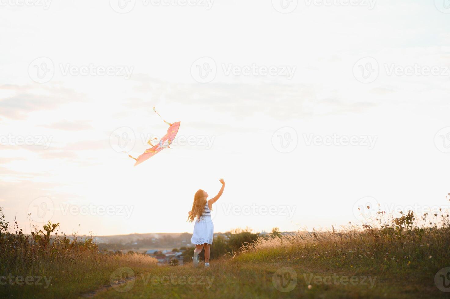 wenig süß 7 Jahre alt Mädchen Laufen im das Feld mit Drachen auf Sommer- Tag foto