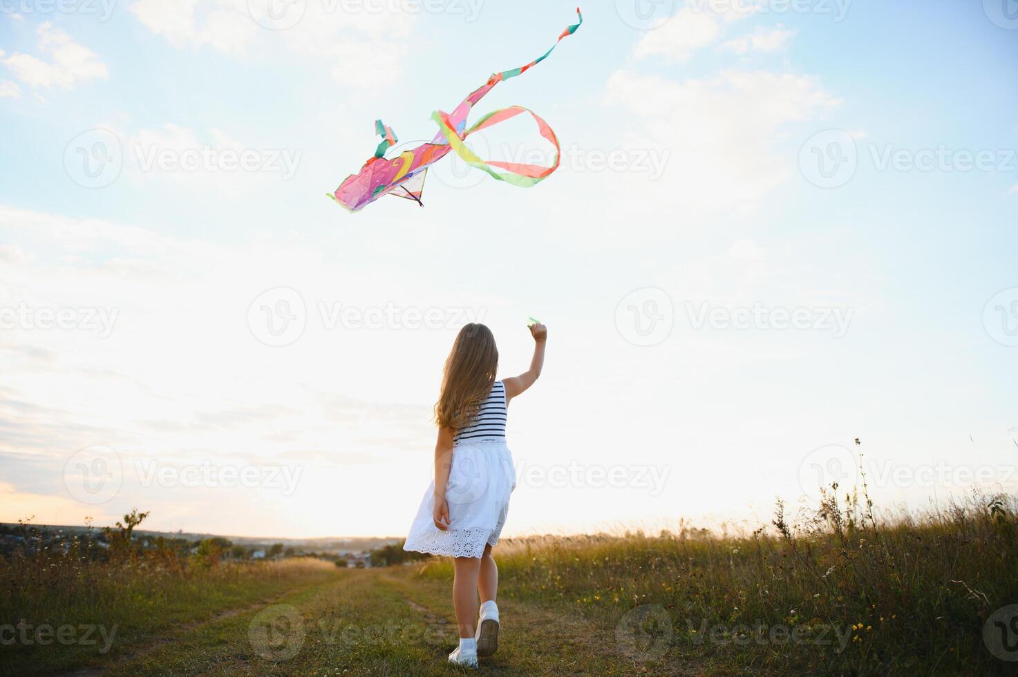 wenig süß 7 Jahre alt Mädchen Laufen im das Feld mit Drachen auf Sommer- Tag foto