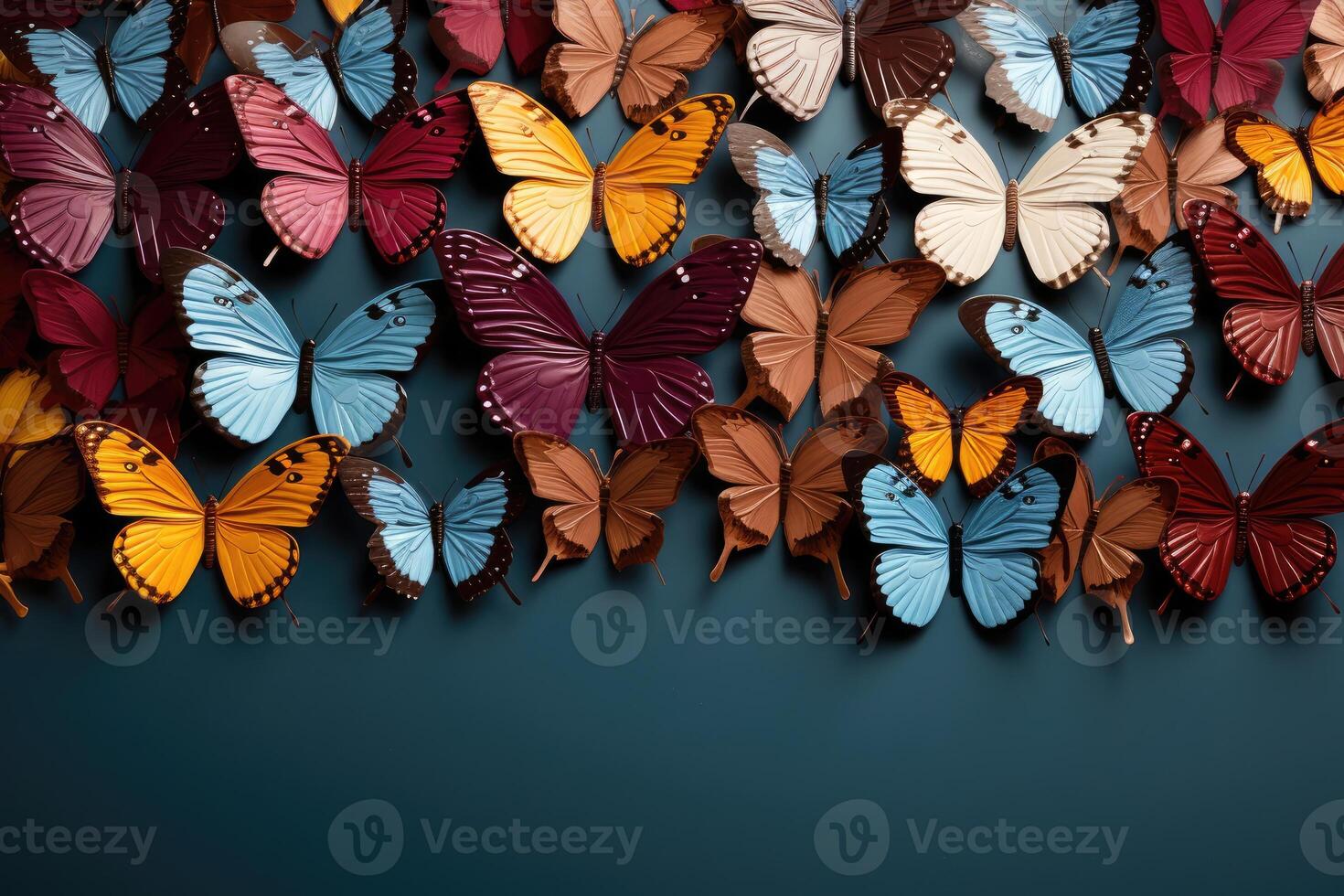 ai generiert bunt Schmetterlinge auf Blau Hintergrund. oben Sicht. Frühling Muster Natur Hintergrund. foto