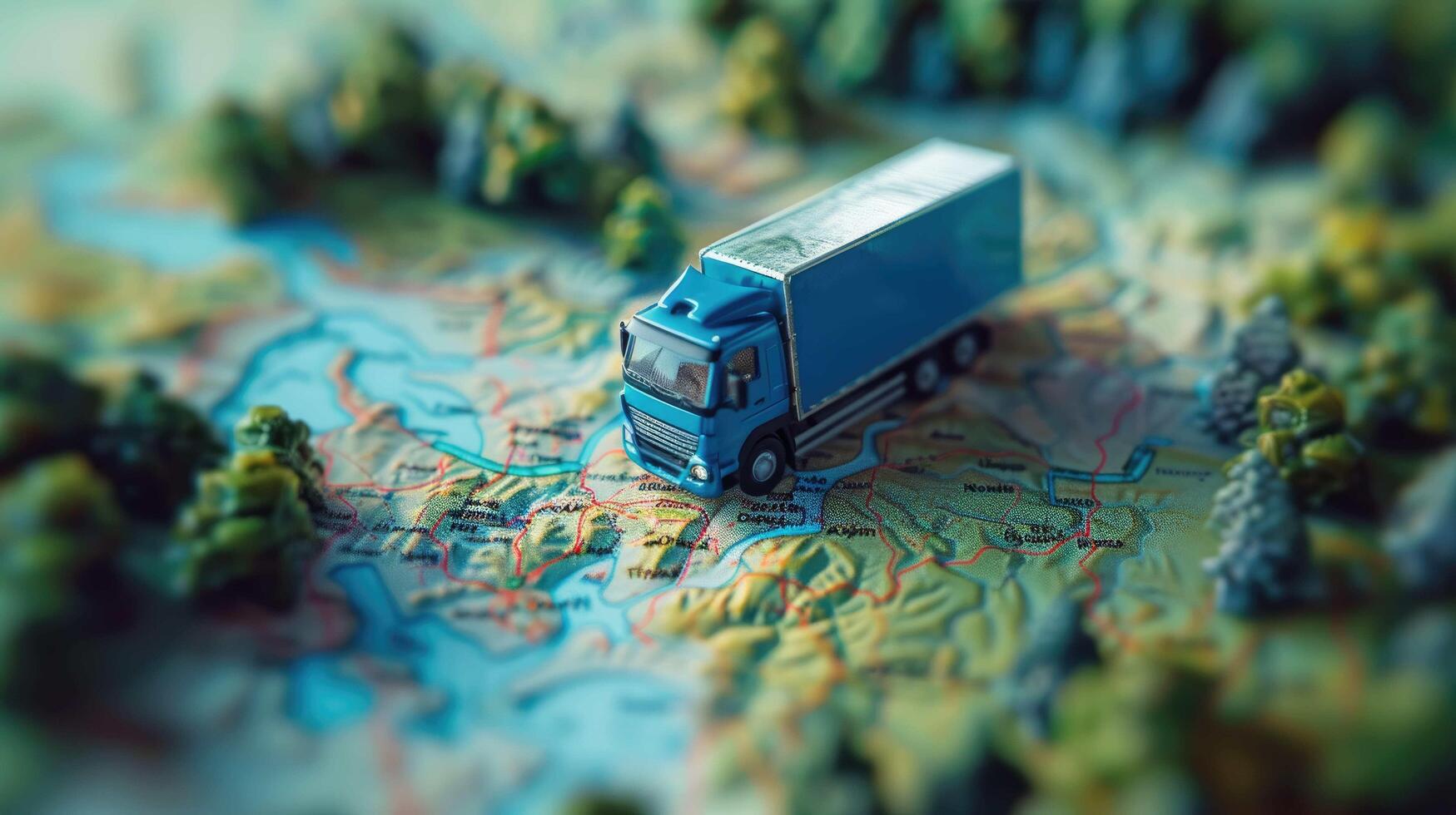 ai generiert Miniatur Blau LKW auf ein Straße durch herbstlich Wald - - Logistik und saisonal Reise Konzept foto