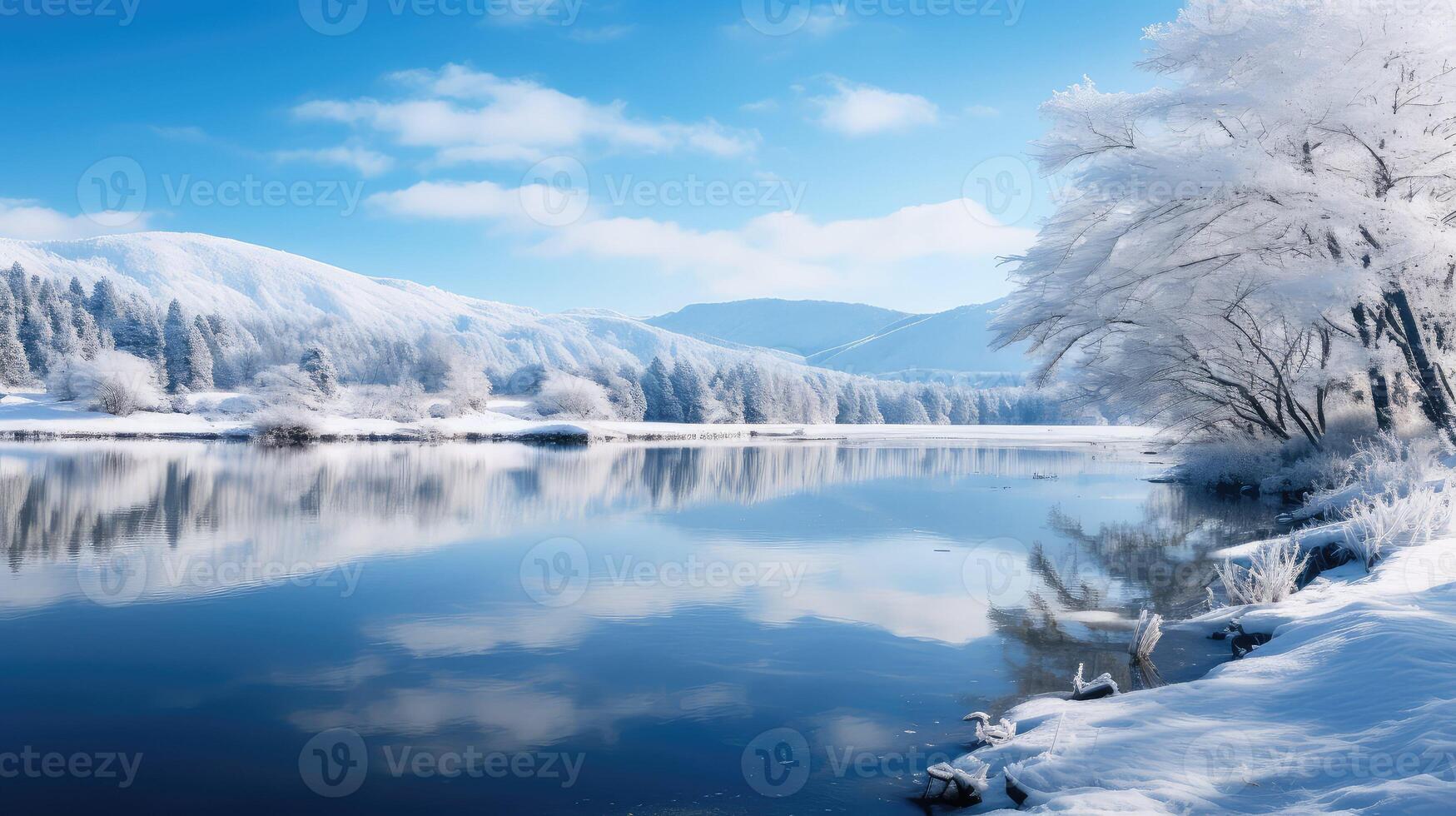 ai generiert kalt schneebedeckt See ai generiert foto